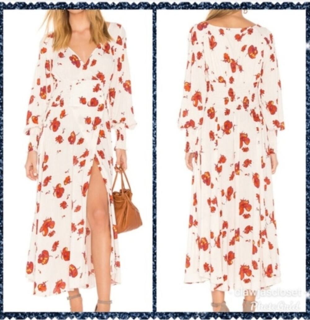 Free People Maxi Dress So Sweetly M Ivory Floral Smocked Boho Long Sleeve NWT
